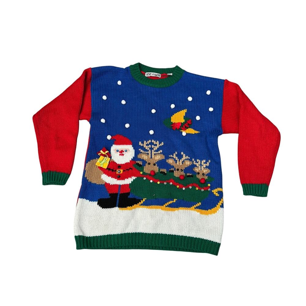 Vintage 90s Santa Reindeer Knit Medium Sweater VTG